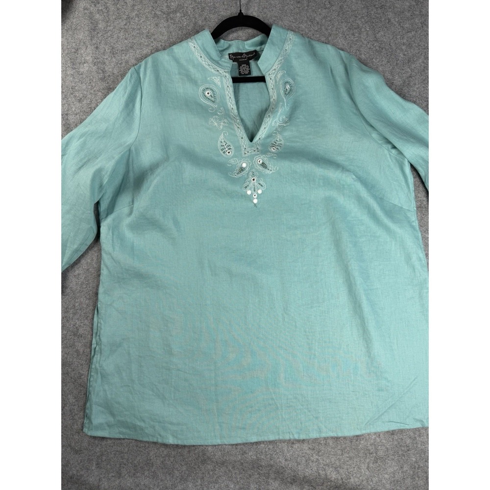 Mercer & Madison Womens 20W Teal 100% Linen Beaded Embroidered Embellished Tunic